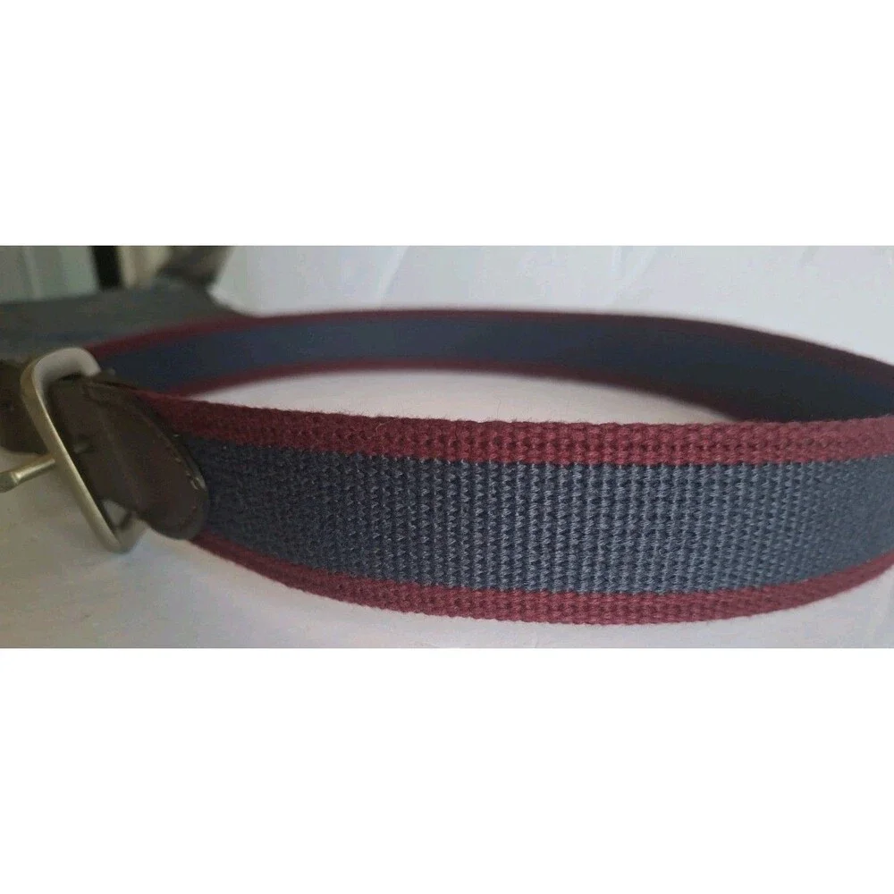 J.Crew Leather Fabric Belt Blue Red Striped Sz 34 Silver Buckle Preppy Coastal - Picture 2 of 7